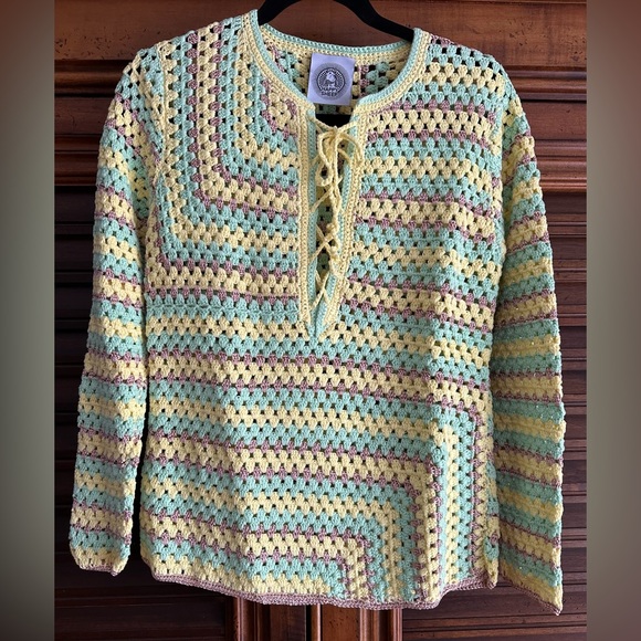Happy Sheep Striped Boho Crochet Lace-Up Neck Medium Sweater Copper-Yellow-Mint - Picture 2 of 7
